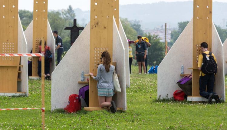 Pilgrims in Zone of Reconciliation at Sanctuary of Divine Mercy in Lagiewniki